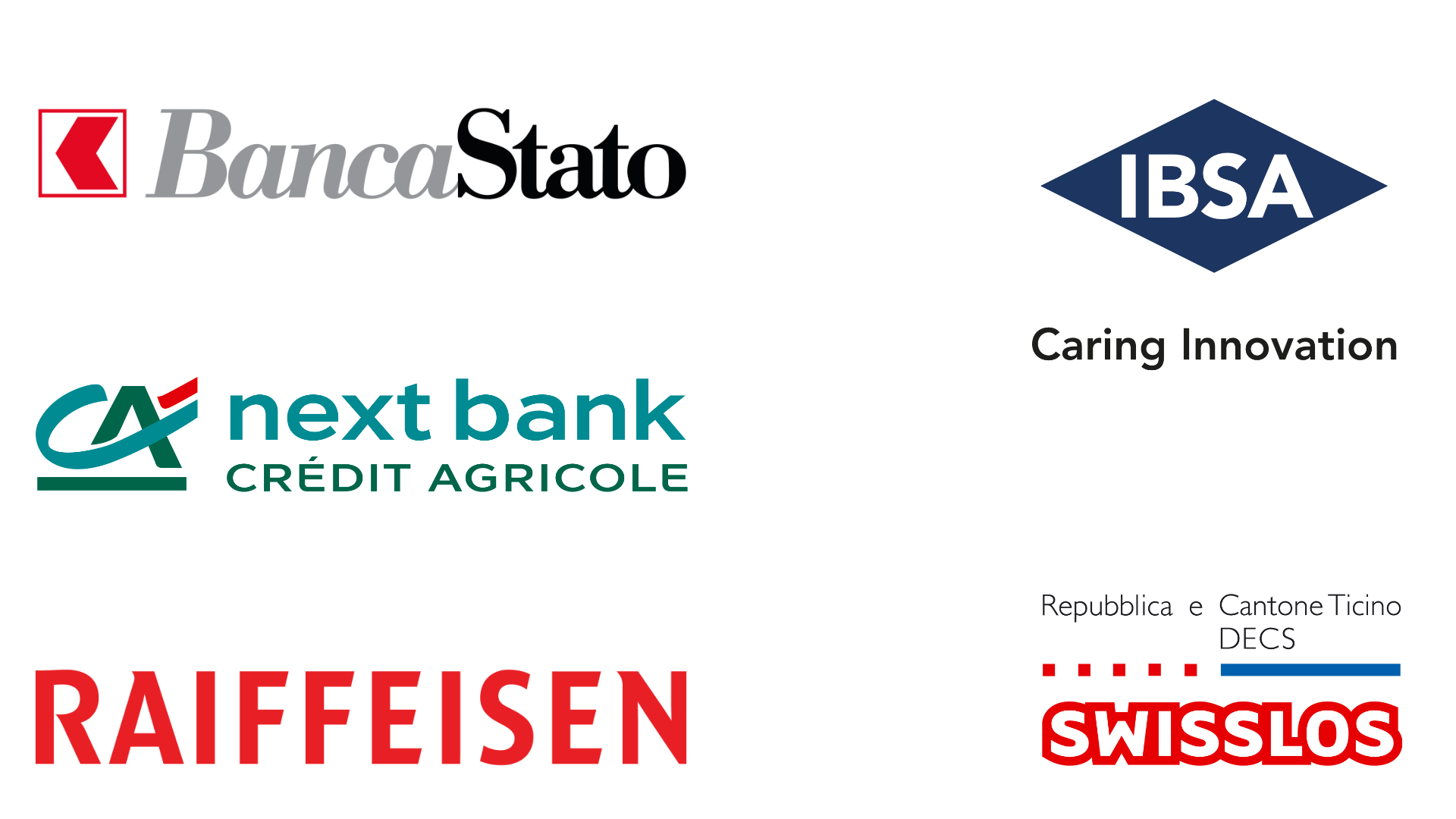 L'immagine raffigura i loghi di:
BancaStato.
Crédit Agricole.
Raiffeisen.
IBSA. Caring Innovation.
Repubblica e Cantone Ticino DECS. Swisslos.
